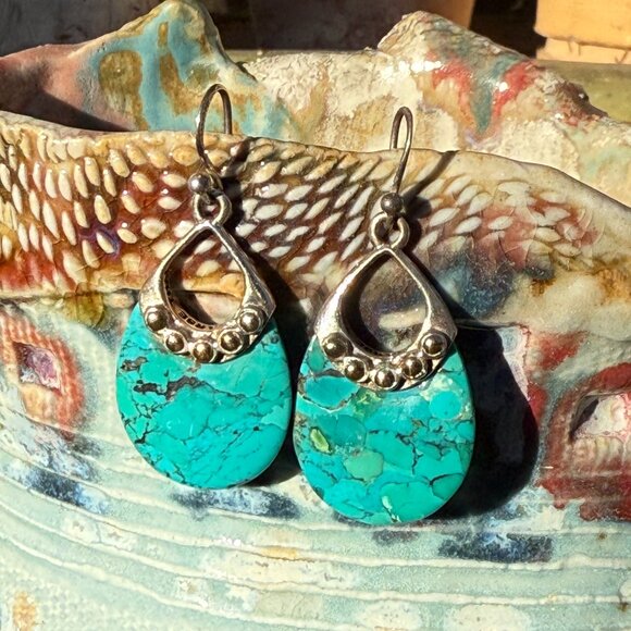 Vintage Barse Sterling Silver, Gold & Turquoise Pierced Earrings - Picture 1 of 4